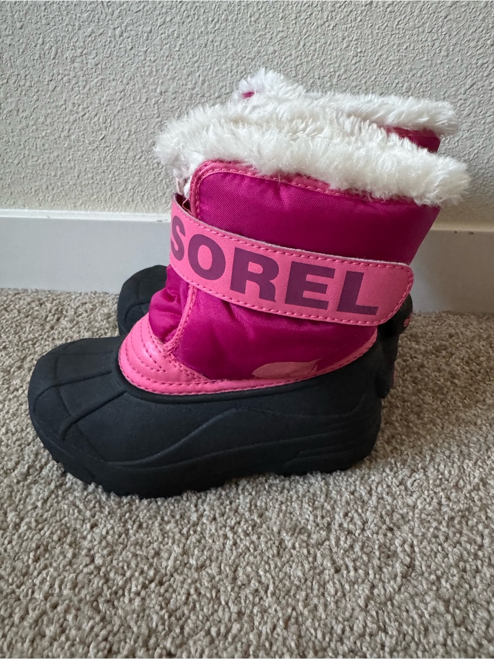 Sorel Pink and Black Kids' Fuzzy Cuff Snow Boots
